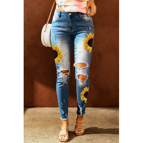 Sky Blue Sunflower Print Ripped Skinny Fit Jeans Sky Blue Sunflower Print Ripped Skinny Fit Jeans