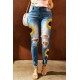 Sky Blue Sunflower Print Ripped Skinny Fit Jeans Sky Blue Sunflower Print Ripped Skinny Fit Jeans