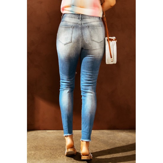 Sky Blue Sunflower Print Ripped Skinny Fit Jeans Sky Blue Sunflower Print Ripped Skinny Fit Jeans