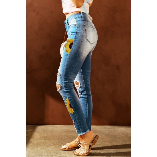 Sky Blue Sunflower Print Ripped Skinny Fit Jeans Sky Blue Sunflower Print Ripped Skinny Fit Jeans