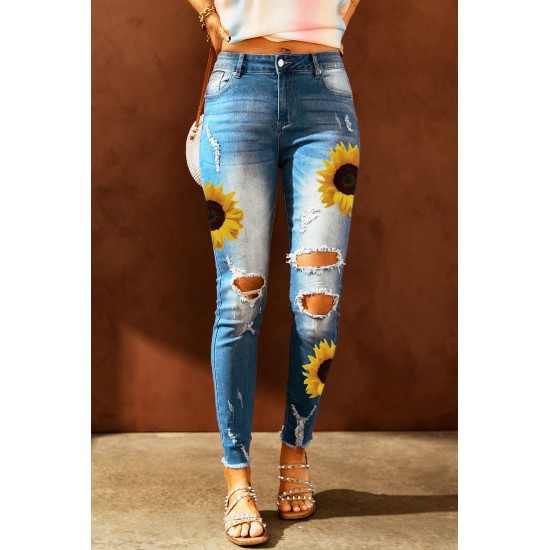 Sky Blue Sunflower Print Ripped Skinny Fit Jeans Sky Blue Sunflower Print Ripped Skinny Fit Jeans
