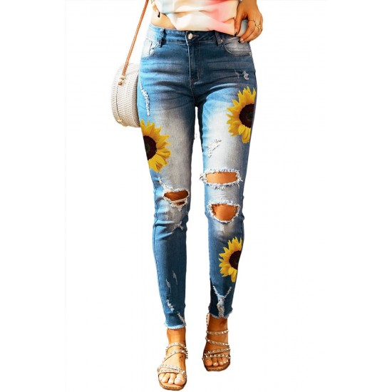 Sky Blue Sunflower Print Ripped Skinny Fit Jeans Sky Blue Sunflower Print Ripped Skinny Fit Jeans