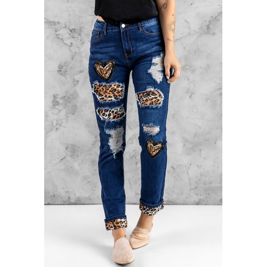 Blue Heart Leopard Patchwork Slim-fit Distressed Jeans Blue Heart Leopard Patchwork Slim-fit Distressed Jeans