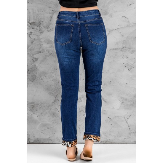 Blue Heart Leopard Patchwork Slim-fit Distressed Jeans Blue Heart Leopard Patchwork Slim-fit Distressed Jeans