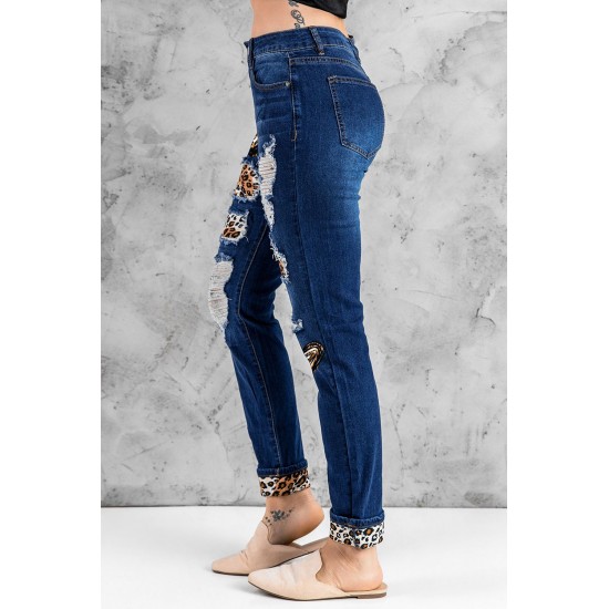 Blue Heart Leopard Patchwork Slim-fit Distressed Jeans Blue Heart Leopard Patchwork Slim-fit Distressed Jeans