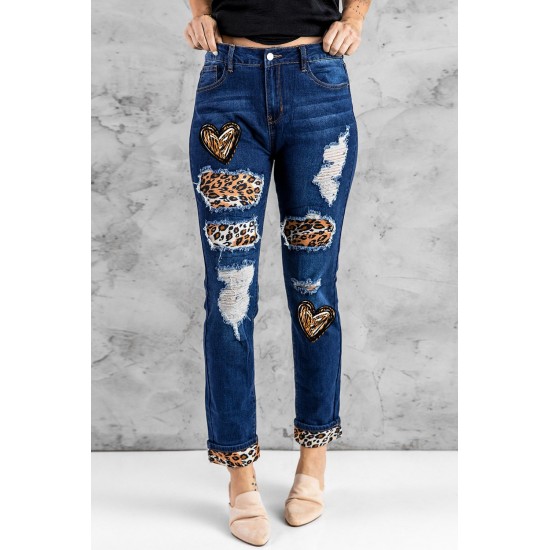 Blue Heart Leopard Patchwork Slim-fit Distressed Jeans Blue Heart Leopard Patchwork Slim-fit Distressed Jeans