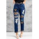 Blue Heart Leopard Patchwork Slim-fit Distressed Jeans Blue Heart Leopard Patchwork Slim-fit Distressed Jeans