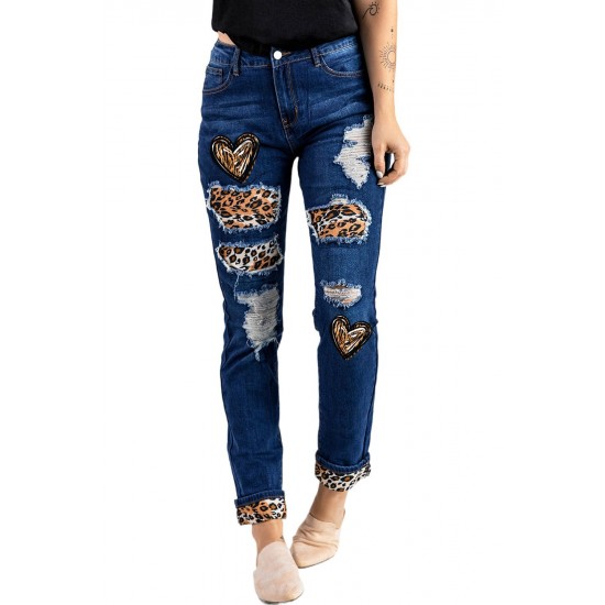 Blue Heart Leopard Patchwork Slim-fit Distressed Jeans Blue Heart Leopard Patchwork Slim-fit Distressed Jeans