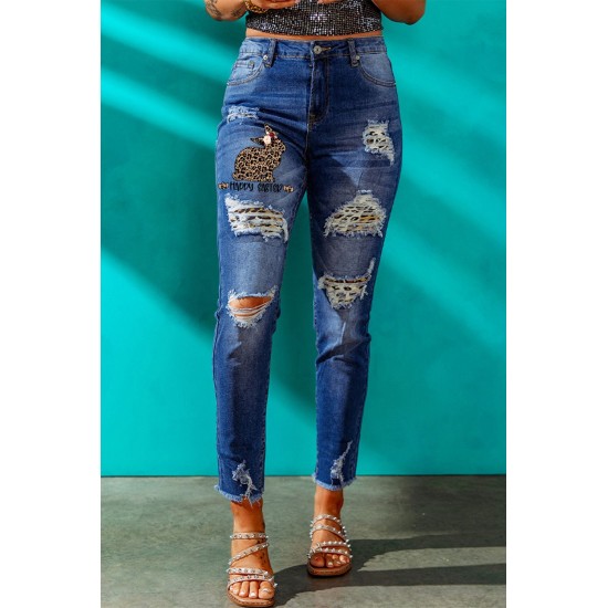 Blue Casual Leopard Animal Print Ripped Jeans Blue Casual Leopard Animal Print Ripped Jeans
