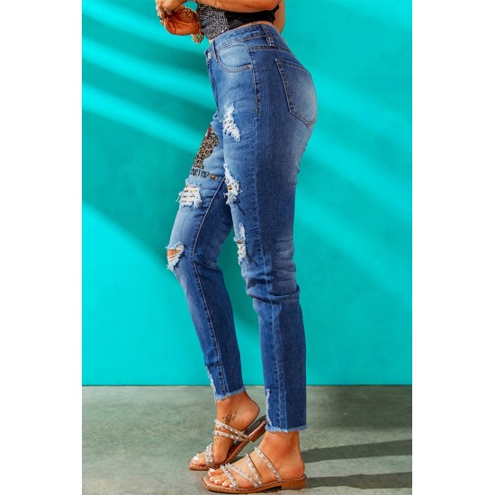 Blue Casual Leopard Animal Print Ripped Jeans Blue Casual Leopard Animal Print Ripped Jeans