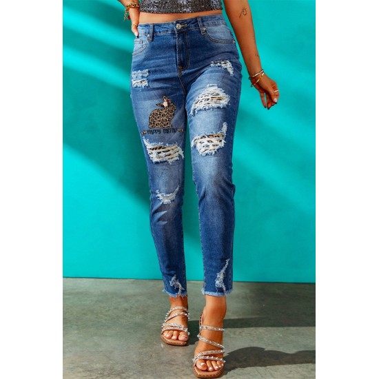 Blue Casual Leopard Animal Print Ripped Jeans Blue Casual Leopard Animal Print Ripped Jeans
