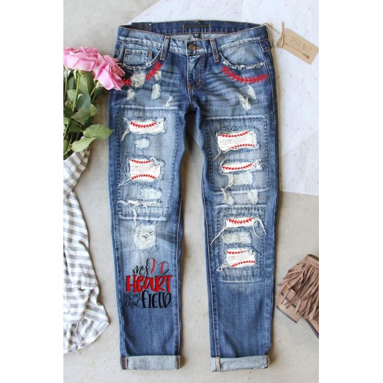 Sky Blue Letter Baseball Print Light Washed Distressed Jeans Sky Blue Letter Baseball Print Light Washed Distressed Jeans