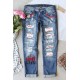 Sky Blue Letter Baseball Print Light Washed Distressed Jeans Sky Blue Letter Baseball Print Light Washed Distressed Jeans
