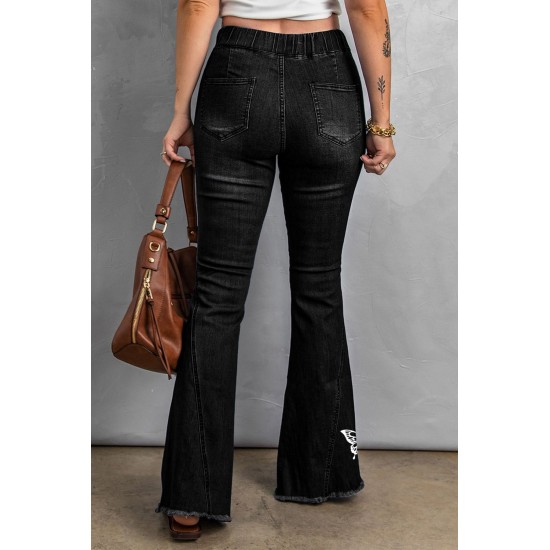 Black Butterfly Print Distressed Elastic High Waist Flare Jeans Black Butterfly Print Distressed Elastic High Waist Flare Jeans