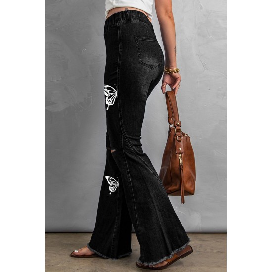 Black Butterfly Print Distressed Elastic High Waist Flare Jeans Black Butterfly Print Distressed Elastic High Waist Flare Jeans