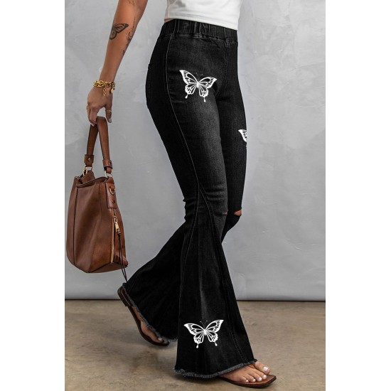 Black Butterfly Print Distressed Elastic High Waist Flare Jeans Black Butterfly Print Distressed Elastic High Waist Flare Jeans