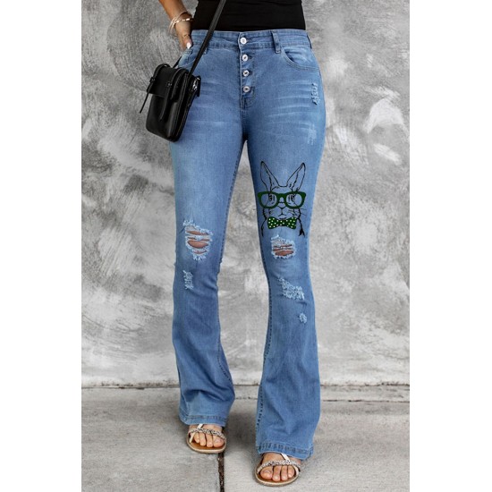 Sky Blue Easter Rabbit Print Button Fly Distressed Flare Jeans Sky Blue Easter Rabbit Print Button Fly Distressed Flare Jeans
