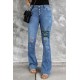 Sky Blue Easter Rabbit Print Button Fly Distressed Flare Jeans Sky Blue Easter Rabbit Print Button Fly Distressed Flare Jeans