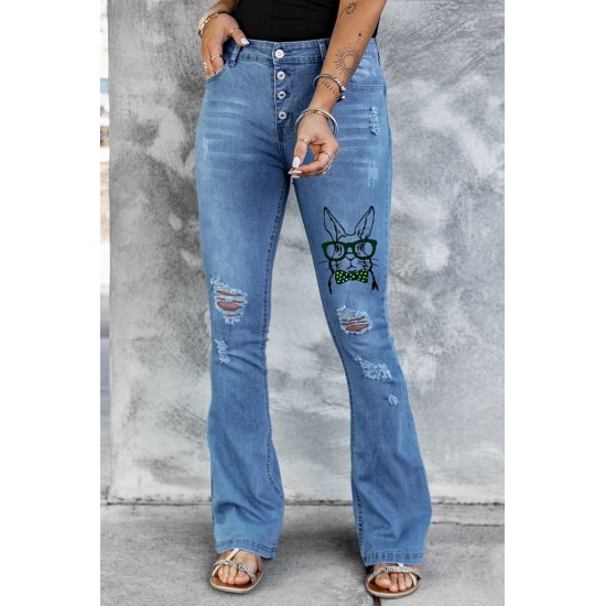 Sky Blue Easter Rabbit Print Button Fly Distressed Flare Jeans Sky Blue Easter Rabbit Print Button Fly Distressed Flare Jeans