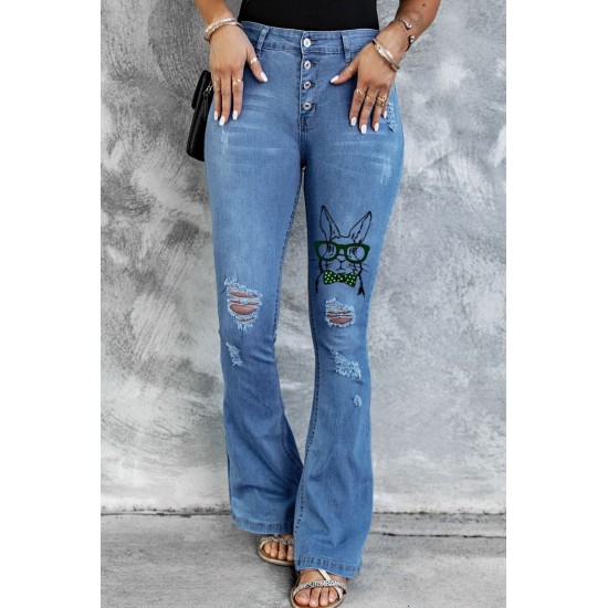 Sky Blue Easter Rabbit Print Button Fly Distressed Flare Jeans Sky Blue Easter Rabbit Print Button Fly Distressed Flare Jeans