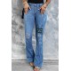 Sky Blue Easter Rabbit Print Button Fly Distressed Flare Jeans Sky Blue Easter Rabbit Print Button Fly Distressed Flare Jeans