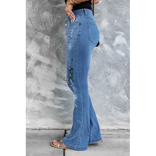 Sky Blue Easter Rabbit Print Button Fly Distressed Flare Jeans Sky Blue Easter Rabbit Print Button Fly Distressed Flare Jeans