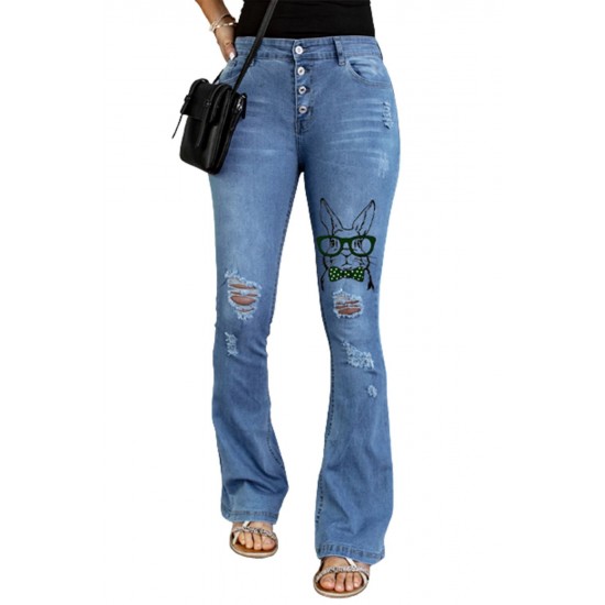 Sky Blue Easter Rabbit Print Button Fly Distressed Flare Jeans Sky Blue Easter Rabbit Print Button Fly Distressed Flare Jeans