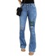 Sky Blue Easter Rabbit Print Button Fly Distressed Flare Jeans Sky Blue Easter Rabbit Print Button Fly Distressed Flare Jeans