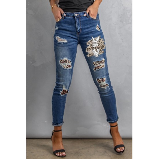 Easter Leopard Bunny Print Patchwork Distressed Skinny Jeans Easter Leopard Bunny Print Patchwork Distressed Skinny Jeans