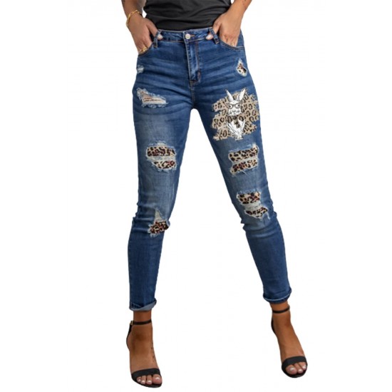 Easter Leopard Bunny Print Patchwork Distressed Skinny Jeans Easter Leopard Bunny Print Patchwork Distressed Skinny Jeans