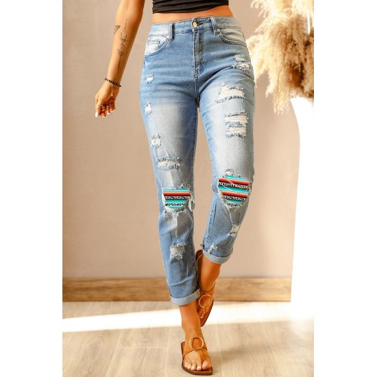 Sky Blue Western Ripped Colorblock Graphic Jeans Sky Blue Western Ripped Colorblock Graphic Jeans