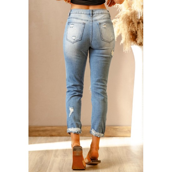 Sky Blue Western Ripped Colorblock Graphic Jeans Sky Blue Western Ripped Colorblock Graphic Jeans
