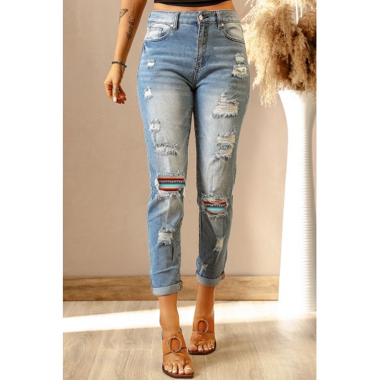 Sky Blue Western Ripped Colorblock Graphic Jeans Sky Blue Western Ripped Colorblock Graphic Jeans