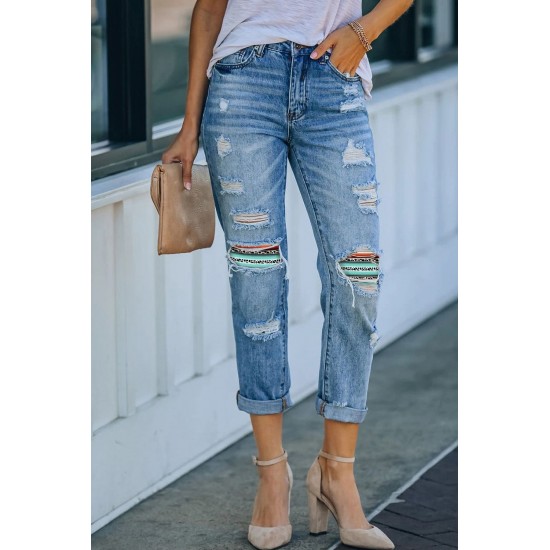 Sky Blue Western Ripped Colorblock Graphic Jeans Sky Blue Western Ripped Colorblock Graphic Jeans