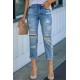 Sky Blue Western Ripped Colorblock Graphic Jeans Sky Blue Western Ripped Colorblock Graphic Jeans