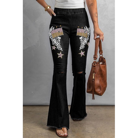 Black Rock Roll Wings Print Raw Hem Ripped Flare Jeans Black Rock Roll Wings Print Raw Hem Ripped Flare Jeans