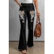 Black Rock Roll Wings Print Raw Hem Ripped Flare Jeans Black Rock Roll Wings Print Raw Hem Ripped Flare Jeans