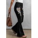 Black Rock Roll Wings Print Raw Hem Ripped Flare Jeans Black Rock Roll Wings Print Raw Hem Ripped Flare Jeans