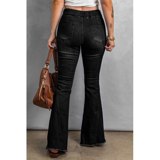 Black Rock Roll Wings Print Raw Hem Ripped Flare Jeans Black Rock Roll Wings Print Raw Hem Ripped Flare Jeans