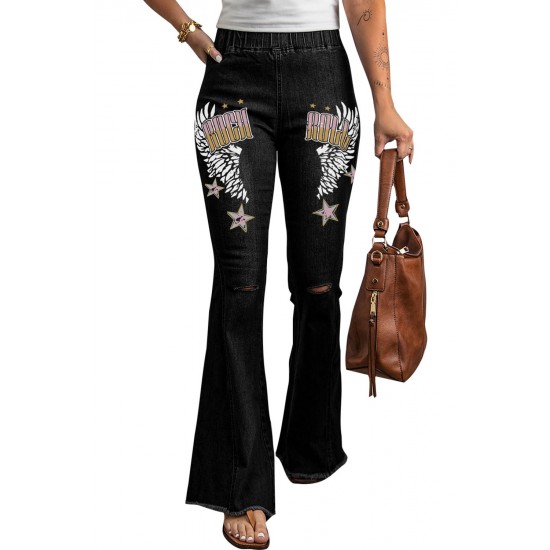 Black Rock Roll Wings Print Raw Hem Ripped Flare Jeans Black Rock Roll Wings Print Raw Hem Ripped Flare Jeans