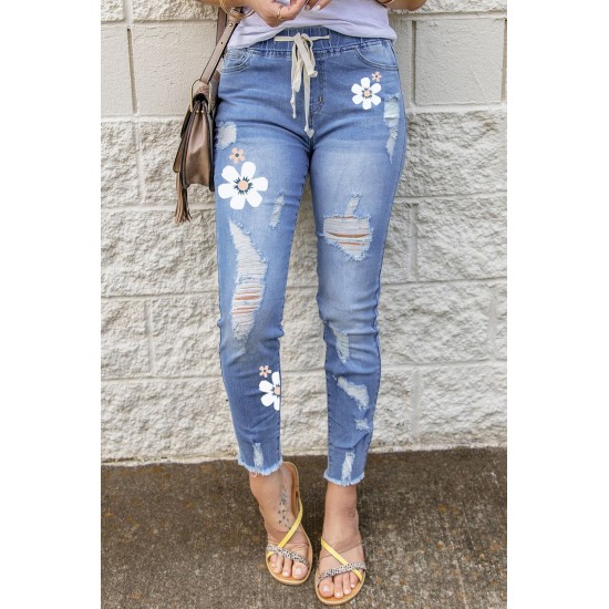Sky Blue Floral Print Distressed Drawstring High Waist Ankle Jeans Sky Blue Floral Print Distressed Drawstring High Waist Ankle Jeans