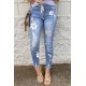 Sky Blue Floral Print Distressed Drawstring High Waist Ankle Jeans Sky Blue Floral Print Distressed Drawstring High Waist Ankle Jeans