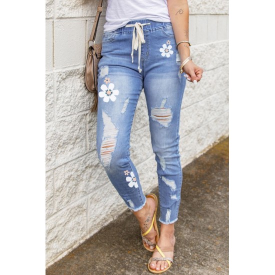 Sky Blue Floral Print Distressed Drawstring High Waist Ankle Jeans Sky Blue Floral Print Distressed Drawstring High Waist Ankle Jeans