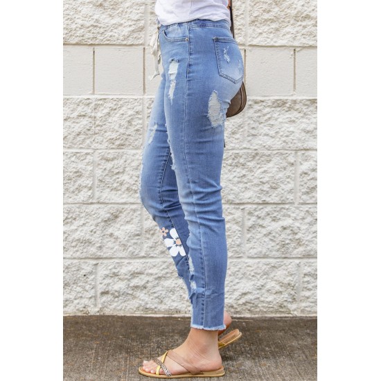 Sky Blue Floral Print Distressed Drawstring High Waist Ankle Jeans Sky Blue Floral Print Distressed Drawstring High Waist Ankle Jeans