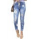 Sky Blue Floral Print Distressed Drawstring High Waist Ankle Jeans Sky Blue Floral Print Distressed Drawstring High Waist Ankle Jeans