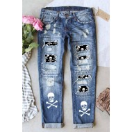 Sky Blue Skull Print Patchwork Distressed Jeans