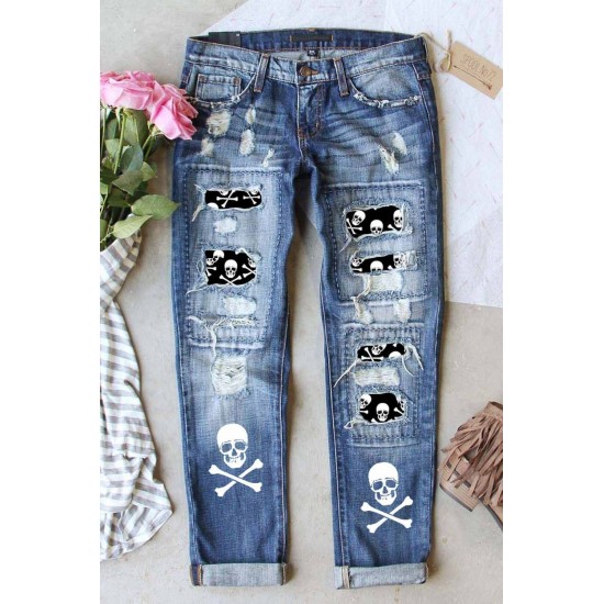 Sky Blue Skull Print Patchwork Distressed Jeans Sky Blue Skull Print Patchwork Distressed Jeans