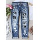 Sky Blue Skull Print Patchwork Distressed Jeans Sky Blue Skull Print Patchwork Distressed Jeans