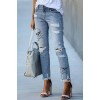 Sky Blue Skull Print Distressed High Waist Slim Fit Boyfriend Jeans