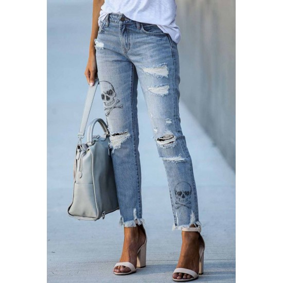 Sky Blue Skull Print Distressed High Waist Slim Fit Boyfriend Jeans Sky Blue Skull Print Distressed High Waist Slim Fit Boyfriend Jeans